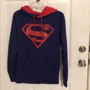 SUPERMAN Hoodie DC Comics Pullover Sweatshirt Navy Blue Red Mens Size Small.